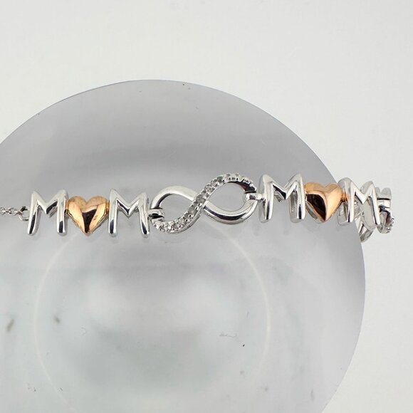Sterling Silver "Mom" Bracelet w 14 kt Gold Overlay Hearts  & Infinity Symbols - Picture 7 of 14